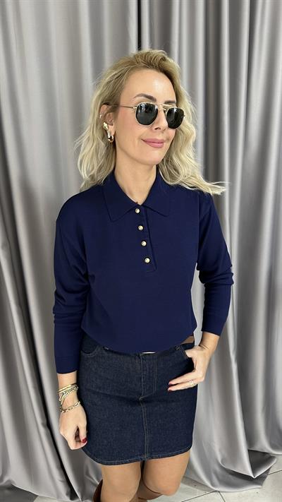 Polo Yaka Gold Düğmeli Uzun Kol Lacivert Triko