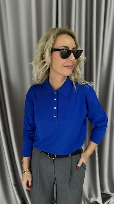 Polo Yaka Gold Düğmeli Uzun Kol Saks Mavisi Triko