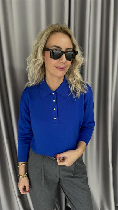 Polo Yaka Gold Düğmeli Uzun Kol Saks Mavisi Triko