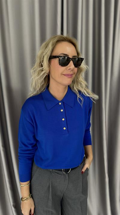 Polo Yaka Gold Düğmeli Uzun Kol Saks Mavisi Triko