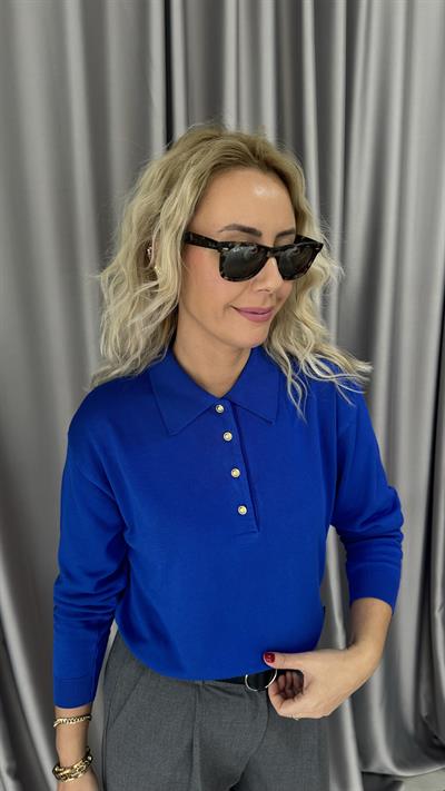 Polo Yaka Gold Düğmeli Uzun Kol Saks Mavisi Triko