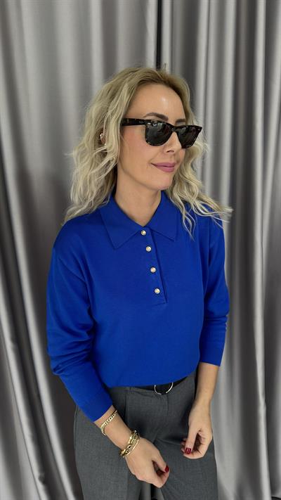 Polo Yaka Gold Düğmeli Uzun Kol Saks Mavisi Triko