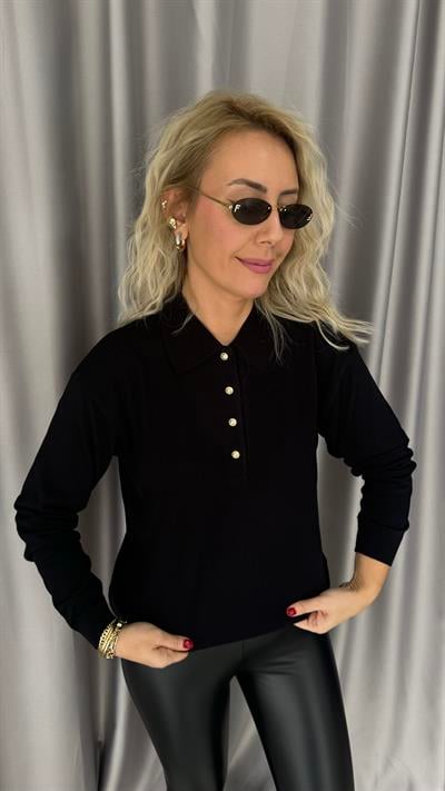 Polo Yaka Gold Düğmeli Uzun Kol Siyah Triko