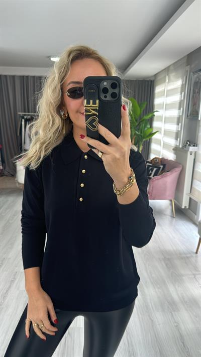 Polo Yaka Gold Düğmeli Uzun Kol Siyah Triko