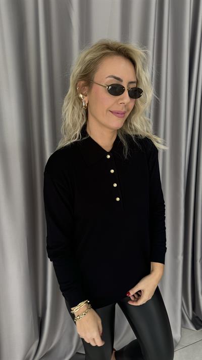Polo Yaka Gold Düğmeli Uzun Kol Siyah Triko