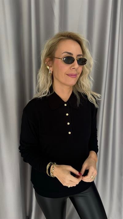 Polo Yaka Gold Düğmeli Uzun Kol Siyah Triko