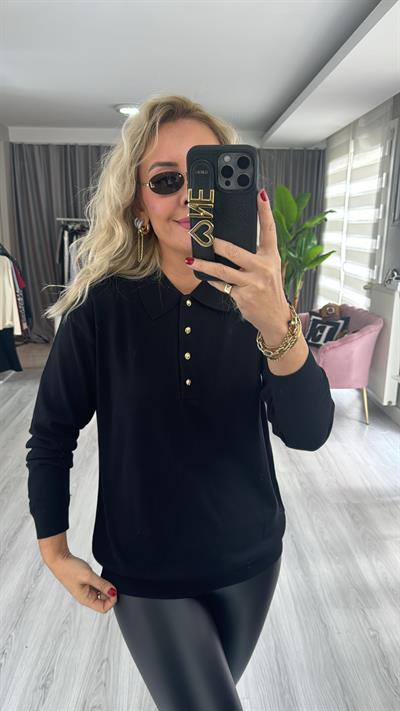 Polo Yaka Gold Düğmeli Uzun Kol Siyah Triko