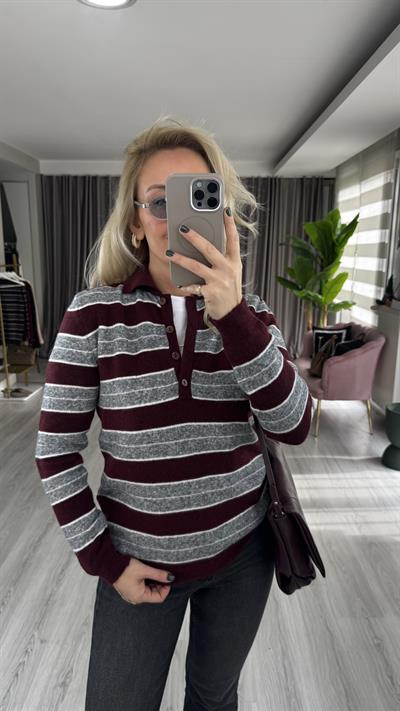 Polo Yaka Gri Bordo Çizgili Triko