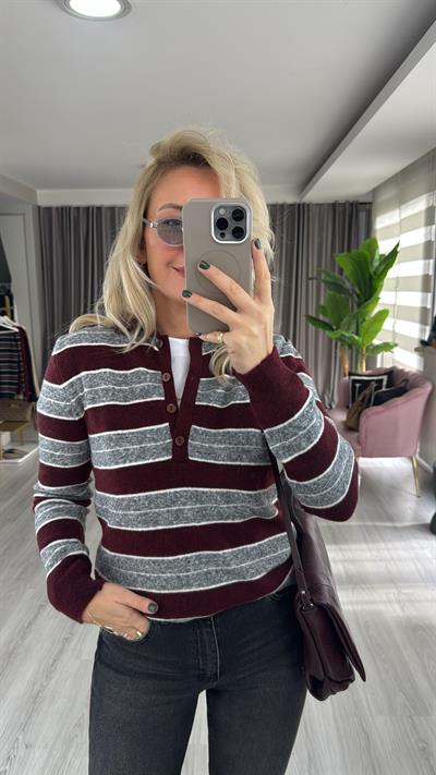 Polo Yaka Gri Bordo Çizgili Triko