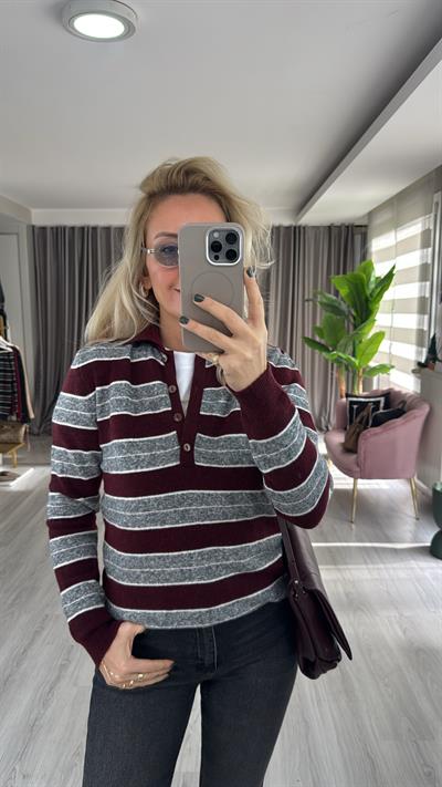 Polo Yaka Gri Bordo Çizgili Triko