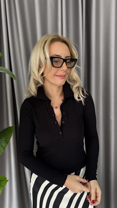 Polo Yaka Kaşkorse Siyah Bluz