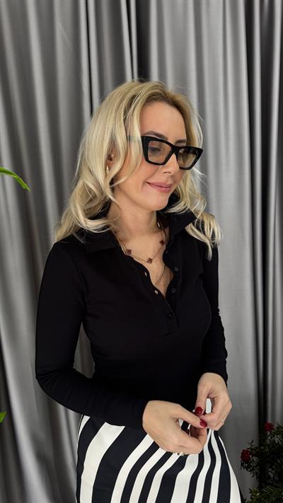 Polo Yaka Kaşkorse Siyah Bluz