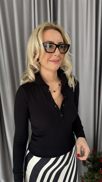 Polo Yaka Kaşkorse Siyah Bluz