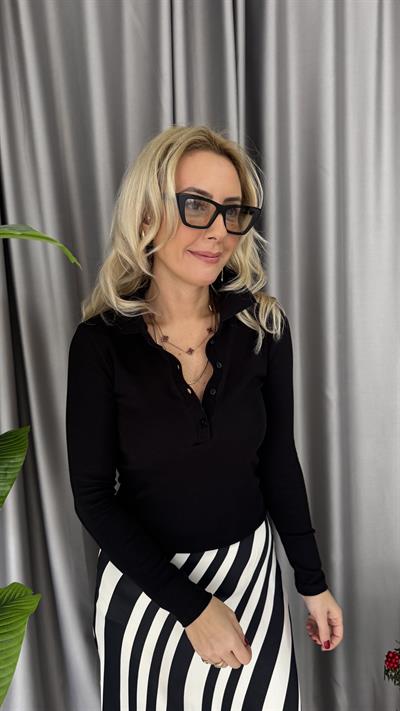 Polo Yaka Kaşkorse Siyah Bluz