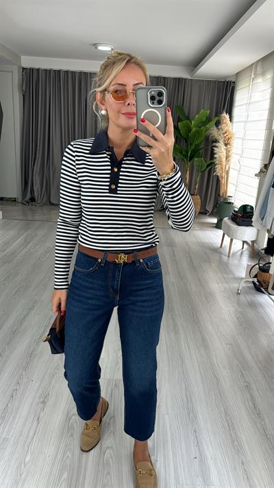 Polo Yaka Lacivert Beyaz Çizgili Bluz