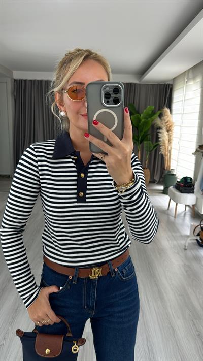 Polo Yaka Lacivert Beyaz Çizgili Bluz