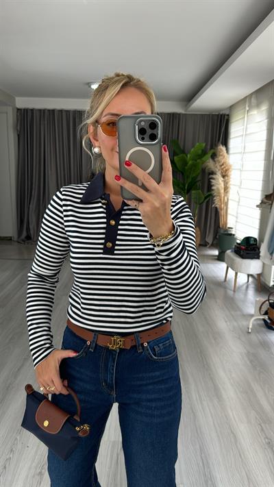 Polo Yaka Lacivert Beyaz Çizgili Bluz