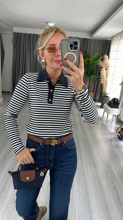 Polo Yaka Lacivert Beyaz Çizgili Bluz