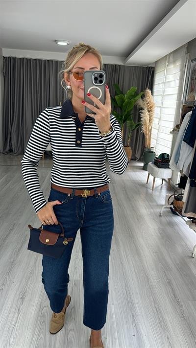 Polo Yaka Lacivert Beyaz Çizgili Bluz