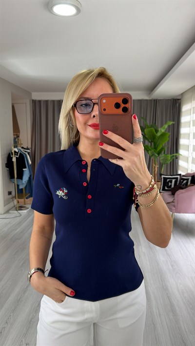 Polo Yaka Nakış İşlemeli Lacivert Premium Triko