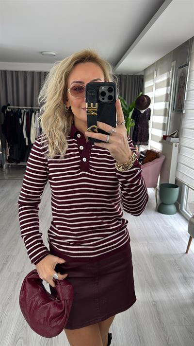 Polo Yaka Sedef Düğmeli Ekru Çizgili Bordo Triko