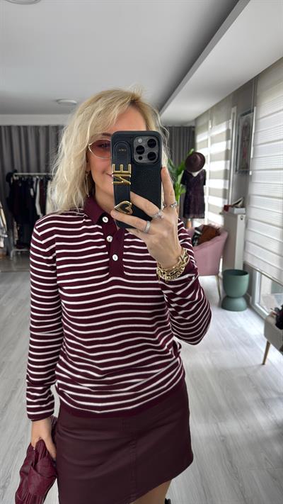 Polo Yaka Sedef Düğmeli Ekru Çizgili Bordo Triko