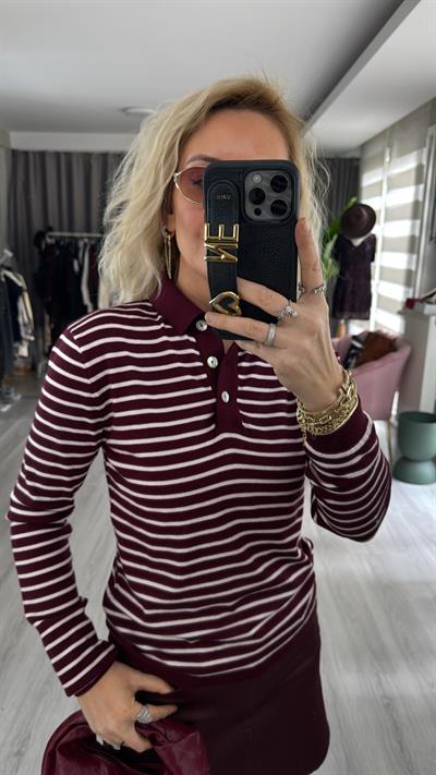 Polo Yaka Sedef Düğmeli Ekru Çizgili Bordo Triko