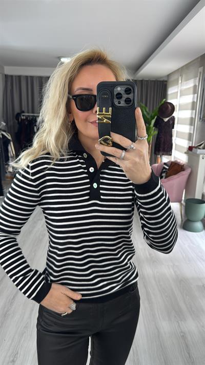 Polo Yaka Sedef Düğmeli Ekru Çizgili Siyah Triko