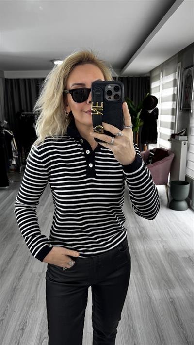 Polo Yaka Sedef Düğmeli Ekru Çizgili Siyah Triko