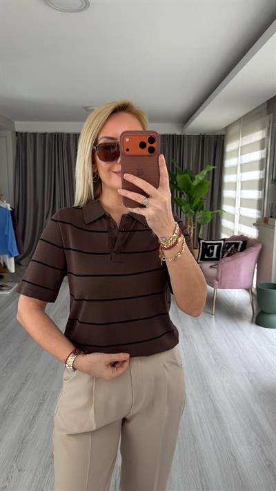 Polo Yaka Siyah Çizgili Kahverengi İpek Doku Yarım Kol Triko