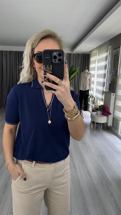 POLO YAKA, YAKASI BEYAZ ŞERİTLİ LACİVERT MERSERİZE TRİKO