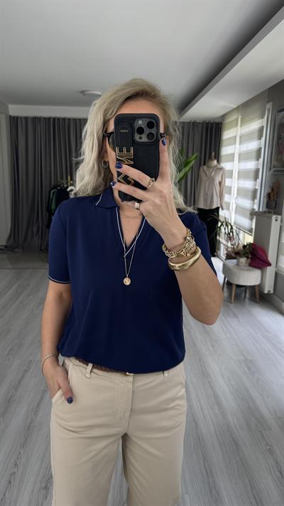 POLO YAKA, YAKASI BEYAZ ŞERİTLİ LACİVERT MERSERİZE TRİKO