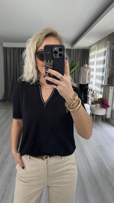 POLO YAKA, YAKASI BEYAZ ŞERİTLİ SİYAH MERSERİZE TRİKO