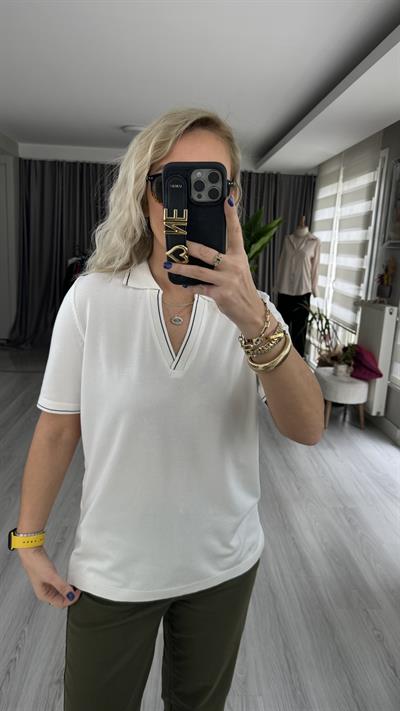 POLO YAKA, YAKASI LACİVERT ŞERİTLİ EKRU MERSERİZE TRİKO