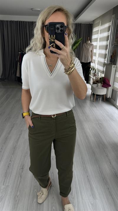 POLO YAKA, YAKASI LACİVERT ŞERİTLİ EKRU MERSERİZE TRİKO