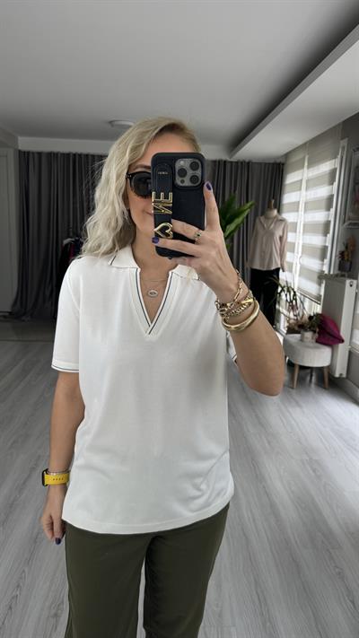 POLO YAKA, YAKASI LACİVERT ŞERİTLİ EKRU MERSERİZE TRİKO