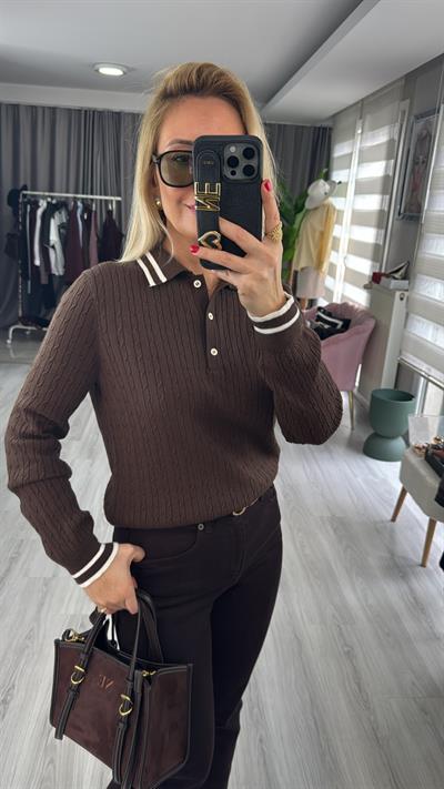 Polo Yaka Yumuşak Dokulu Ekru Biyeli Kahverengi Triko