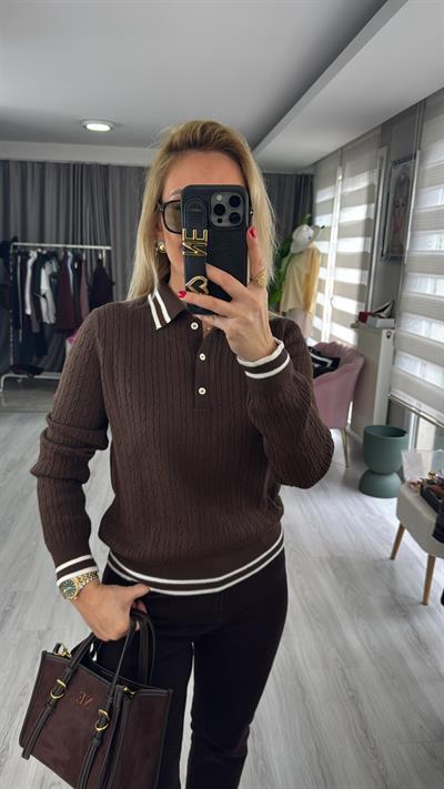 Polo Yaka Yumuşak Dokulu Ekru Biyeli Kahverengi Triko