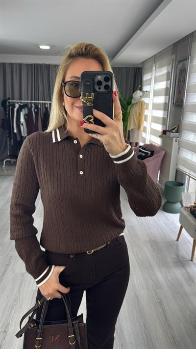 Polo Yaka Yumuşak Dokulu Ekru Biyeli Kahverengi Triko