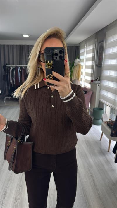 Polo Yaka Yumuşak Dokulu Ekru Biyeli Kahverengi Triko