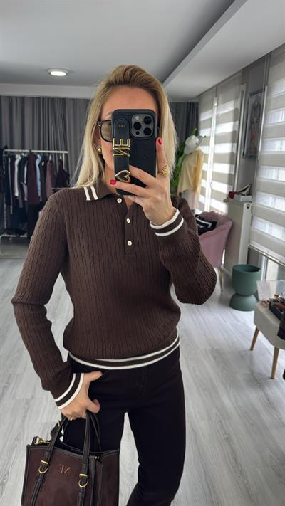 Polo Yaka Yumuşak Dokulu Ekru Biyeli Kahverengi Triko
