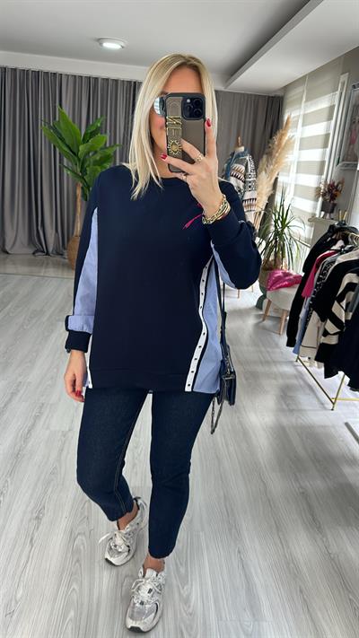 POPLİN DETAYLI LACİVERT SWEAT