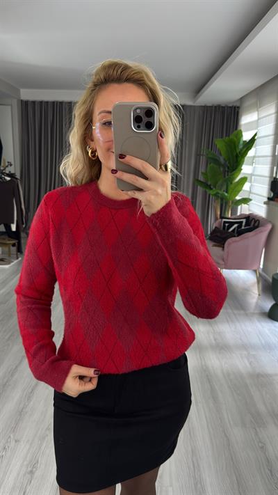 Premium Baklava Desen Kırmızı Triko