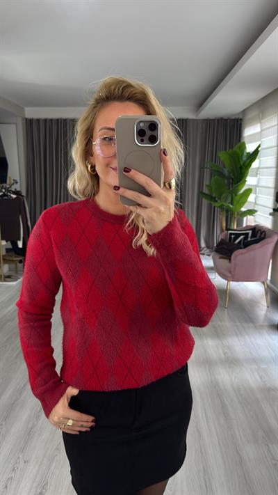 Premium Baklava Desen Kırmızı Triko