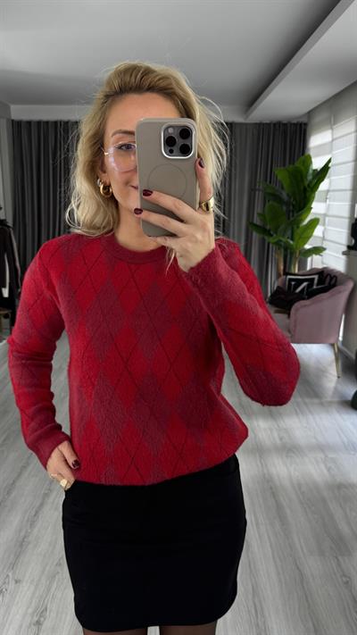 Premium Baklava Desen Kırmızı Triko