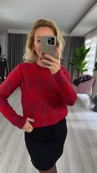 Premium Baklava Desen Kırmızı Triko