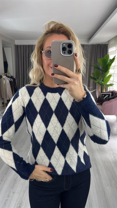 Premium Baklava Desen Lacivert Triko