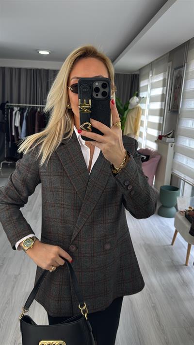 Premium Ekoseli Gri Blazer Ceket