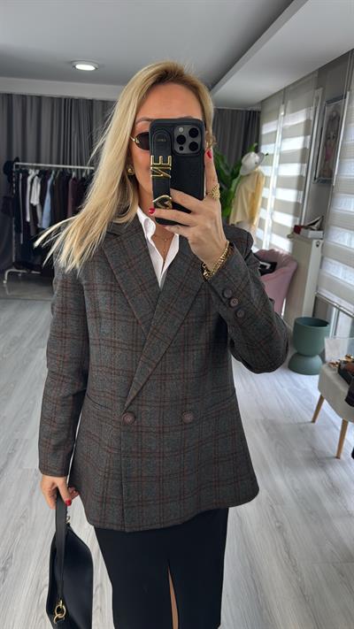 Premium Ekoseli Gri Blazer Ceket