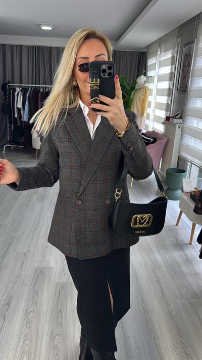 Premium Ekoseli Gri Blazer Ceket